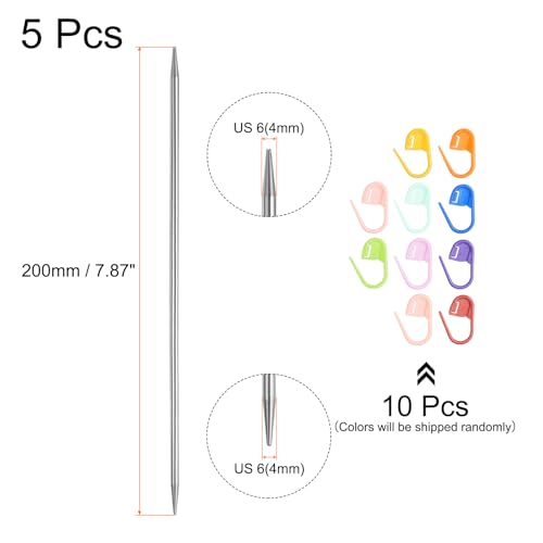 uxcell 5Pcs US 6(4mm) Double Pointed Knitting Needle 7.87 Inches Length Stainless Steel Sweater Stitching Needles with 10 Stitch Marker for Handmade Projects DIY Knitting - size: 4mm