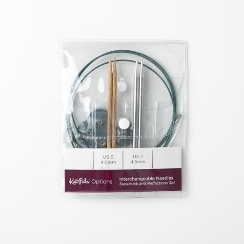Knit Picks Wood and Metal Interchangeable Knitting Needles Set - US 6 and 7 | 1 pair of stainless steel knitting needles in size 7 and 1 pair of wood knitting needles in size 6, 4.75" long, with cables - color: Sunstruck & Reflections
