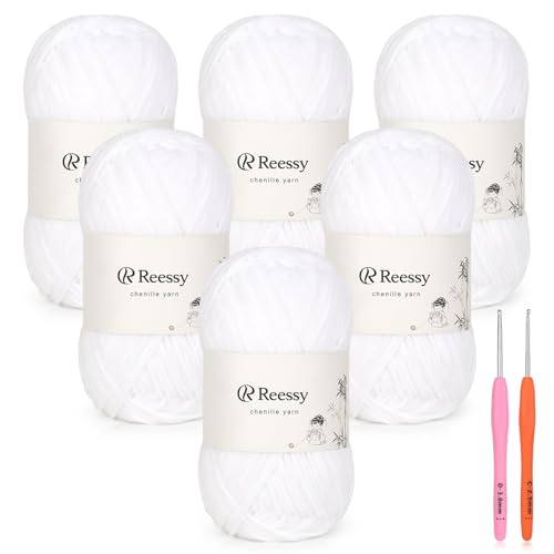 Skinny Chenille Yarn for Crocheting - 6 Pack of 50g/158yd (948yd Total) - Soft Matte Thin Chenille CYC #2 - Fine Weight Baby Yarn for Plush Toys, Baby Blankets & Small Crafts(Snow White) - color: Snow white