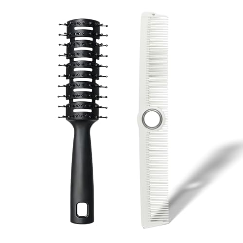 Round Vented Hair Brush & Barber Fine Tooth Cutting Comb Set (White) | 360° Rotatable Finger Spin Comb for Blow Drying, Volume Curling, Hair Sectioning, for Salon Barbershop & Home Use - color: White