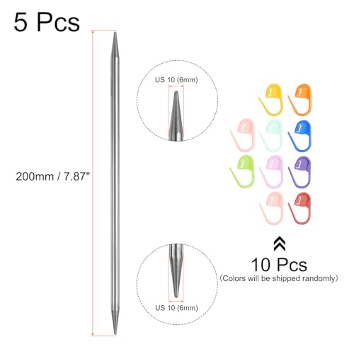 uxcell 5Pcs US 10(6mm) Double Pointed Knitting Needle 7.87 Inches Length Stainless Steel Sweater Stitching Needles with 10 Stitch Marker for Handmade Projects DIY Knitting - size: 6mm