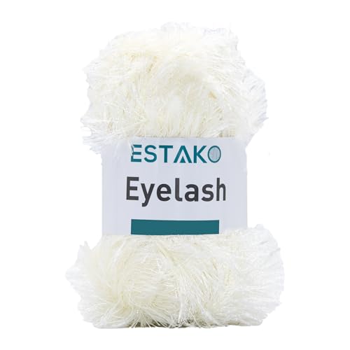 Estako Eyelash Yarn, Soft Fuzzy Faux Fur for Crochet and Knitting, Cream | 100% polyester, 3.53 oz, 153 yds, lei making, fringe trim, 4-5 mm needles, 3 mm hook, amigurumi, blankets, hats, rugs - color: 1300 - Cream, size: 1 Skein