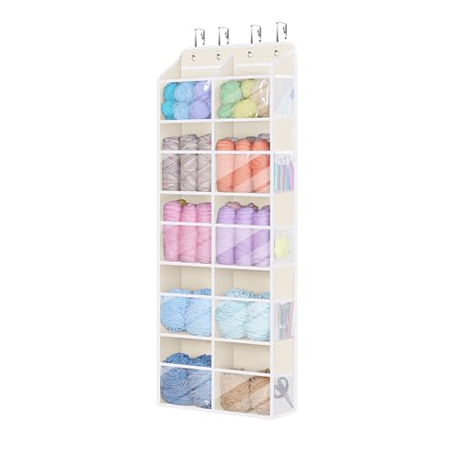 Univivi Hanging Yarn Storage Organizer with Side Pockets, 5 Tiers, Beige | 10 Clear Compartments, 10 Mesh Side Pockets, Large Capacity Hanging Yarn Organizer for Crochet Hook and Yarn Ball Storage - color: Beige, size: 5 LAYER