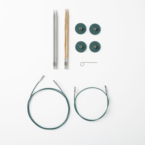 Knit Picks Wood and Metal Interchangeable Knitting Needles Set - US 6 and 7 | 1 pair of stainless steel knitting needles in size 7 and 1 pair of wood knitting needles in size 6, 4.75" long, with cables - color: Sunstruck & Reflections