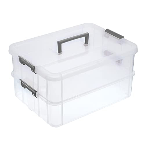 BTSKY 2 Layer Stack & Carry Box, Plastic Multipurpose Portable Storage Container Box Handled Organizer Storage Box for Organizing Stationery, Sewing, Art Craft, Jewelry and Beauty Supplies Dark Grey | Multipurpose Craft Organizers and Storage for Organizi