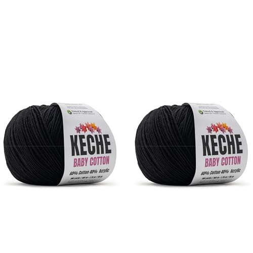 Keche Baby Cotton, 60% Cotton 40% Acrylic Yarn, Soft Cotton Yarn for Crochet and Knitting, Amigurumi Yarn 4 Skeins/Balls [1.76 Oz (50g) / 180 Yrds (165m)] x 2 Black - color: BLACK, size: 2 SKEINS