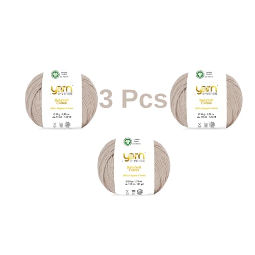 Babysoft Cotton Yarn, Yarn E-verse, 100% Organic Cotton, Soft & Hypoallergenic, Ideal for Baby Knitting, Crocheting, Amigurumi & DIY Projects, Organic Textile Certified, 50g (3, 116 Powder) - color: 116 Powder