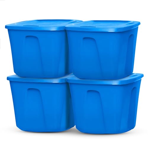 HOMZ 4-Pack Durable Molded Bin, Plastic Storage Containers w/Lids, 18 Gallon, Blue - Stackable Organizer Totes and Boxes for Bedroom, Kitchen, and Garage Organization - color: Blue, size: 18 Gallon (4 Pack)