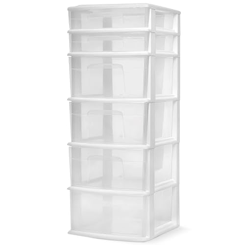 HOMZ Drawer Tower, 6-Tier Storage Cart with Removable Wheels, White Frame | Plastic Organizer with Clear Bin Drawers for Bedroom, Bathroom, Home Office, and Dorm Rooms