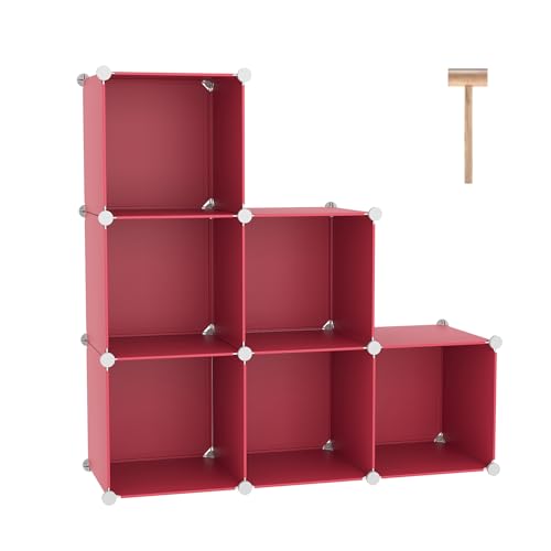 C&AHOME 6-Cube Storage Organizer Cube Shelf Closet Storage Bookcase, Red | Stackable Cubby Storage, Bookshelf, Portable Plastic Storage Closet Organizer, DIY Modular Shelving Units for Home, Wardrobe - color: Red