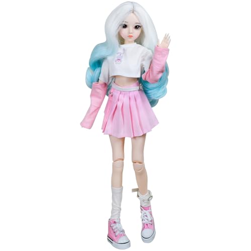 1/3 BJD Doll, 22 Movable Joints Full Set Doll with Long Curly White-Blue Gradient Hair, Pink Outfit & Shoes, Collectible Fashion Ball Jointed Doll for Girls Gift