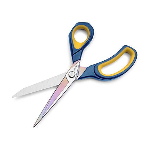 LIVINGO Fabric Scissors 8.5" Titanium Sewing Shears All Purpose | Heavy Duty Forged Steel Blade, Comfort Grip Handle, Dressmaking Leather Craft Cutting - color: Navy Blue/Yellow, size: 8.5"