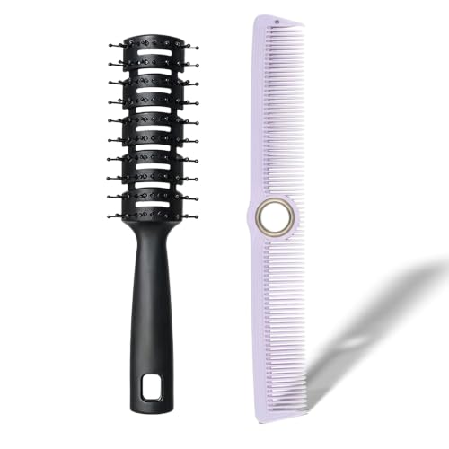 Round Vented Hair Brush & Barber Fine Tooth Cutting Comb Set (Purple) | 360° Rotatable Finger Spin Comb for Blow Drying, Volume Curling, Hair Sectioning, for Salon Barbershop & Home Use - color: Purple