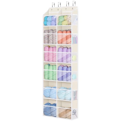 Univivi Hanging Yarn Storage Organizer with Side Pockets, 6 Tiers, Beige | 12 Clear Compartments, 12 Mesh Side Pockets, Large Capacity Over the Door Yarn Organizer for Crochet Storage - color: Beige, size: 6 LAYER