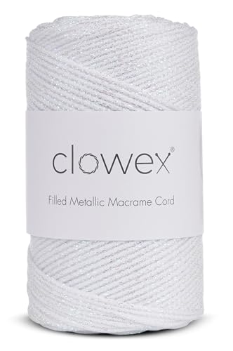 Sparkle Glitter Braided Macrame Cord 2.5mm x 820 ft, Metallic Lurex Shiny Crochet Yarn 273 yds for Bag, Purse, Runner, placemat (1, White) - color: White