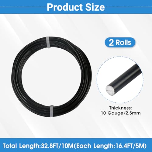 2 Rolls Aluminum Craft Wire, 10 Gauge (2.5mm) Flexible Metal Wire for Jewelry Making, 32.8 Ft (16.4 Ft/Roll) Bendable Armature Wire for Bonsai, Sculpting and DIY Crafts [Black] - size: 10Gauge 16.4Ft Each, style: Black