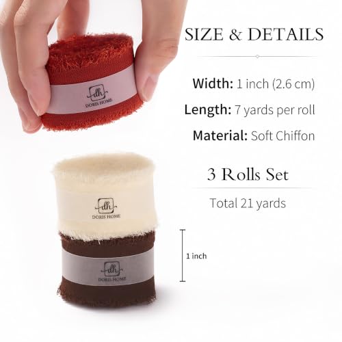 DORIS HOME Handmade Fringe Chiffon Ribbon 1" x 21Yd Terracotta & Ivory | Fabric Ribbon, For Flower Bouquet/Gift Wrapping/Wedding Invitations/Fall Decorations - color: Terracotta & Ivory