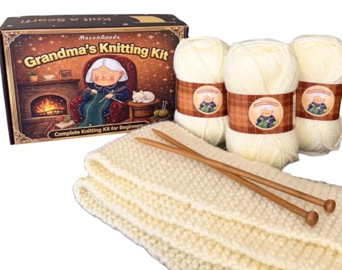 MaconGoods Grandma's Knitting Kit - Longer Scarf Kit - Complete Knitting Kit for Beginners - Includes Beginner Yarn, Bamboo Needles, Video Tutorial & Guide - Easy to Learn Knit Kit - style: Longer Scarf