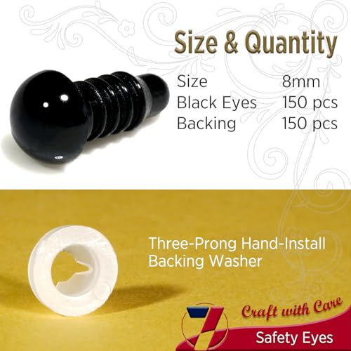 SEVENSUN 8mm Safety Eyes for Crocheting, 300pcs Black Crochet Eyes for Crochet Animals, amigurumi Eyes for Crafts, Craft Doll Eyes for amigurumi Stuffed Animals Eyes - size: 8mm