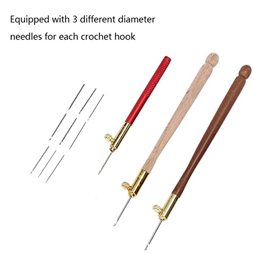 3Pcs Tambour Hooks Kit, Embroidery Crochet Hooks with 9 Needles, Wooden Handle French Tambour Hook Latch Beaded Needle for Embroidery Sequin Beading Knitting DIY Sewing