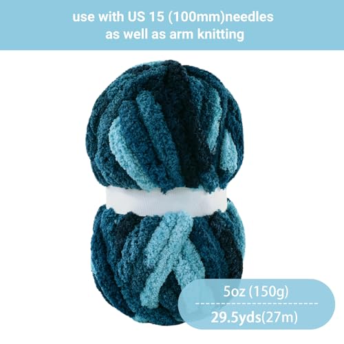HOMBYS Blue Multi Chunky Chenille Yarn for Hand Knitting,Fluffy Soft Jumbo Yarn Crocheting,Super Bulky Big Yarn for Chunky Blanket,Large Thick Arm Knitting Yarn,8 Pack Plush Yarn - color: Blue Multi