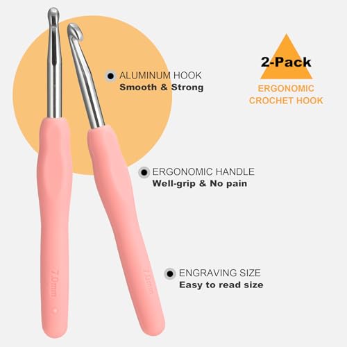 2Pcs 7.0mm Crochet Hooks, Ergonomic Crochet Hook for Arthritis and Beginners, Extra Long, Smooth, Comfortable (7.0mm) - size: 7.0mm