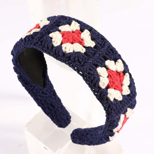 Crochet Headband for Women, Handmade Sunflower & Checkered Hair Accessories, Stretchable Boho Hair Band (Royal Blue, Checkered) - color: Royal Blue