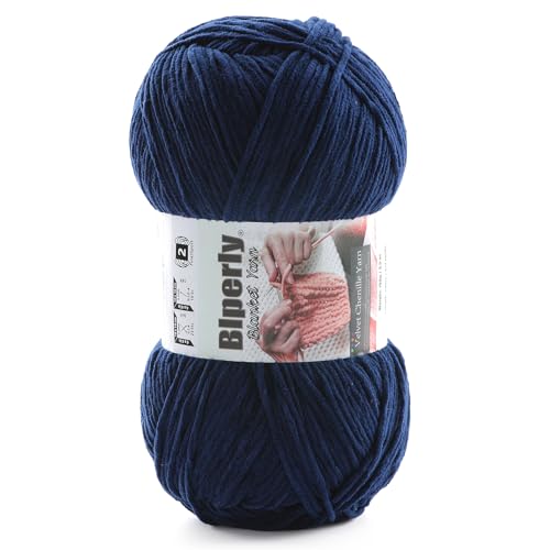 Skinny Chenille Yarn for Crocheting and Knitting - 1 Pack of 100g/317yds Ultra Soft Fluffy Plush Velvet Yarn - #2 Crochet Yarn for Amigurumi, Blankets, Plush Dolls, Baby Clothes (1, Navy Blue) - color: Navy Blue