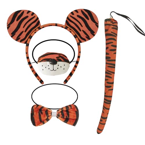 4 Pieces Tiger Ears Tail Costume Accessories Set – Plush Tiger Ears Headband, Tail, Bow Tie, and Nose for Kids and Adults, Jungle Safari Party, Halloween Dress-Up, Cosplay, and School Plays