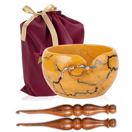 Wooden Yarn Bowl for Crocheting, 7x4inch Large Yellow Teak Crochet Holder Gift Accessories and Knitting Gadgets Supplies Handcrafted with Fractal Wood Burning & Blue,White,Black Resin Inlay (H-Multi) - color: H-Multi