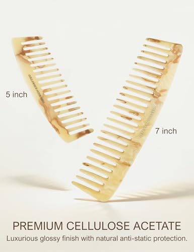 Heesch Wide Tooth Comb for Curls, Wet, Thick Hair Set of 2, Large 7-inch Hair Comb and Small 5-inch Travel Comb for Women, Detangling Comb for Curly Hair Made from Cellulose Acetate, Ivory Marble - color: Ivory Marble