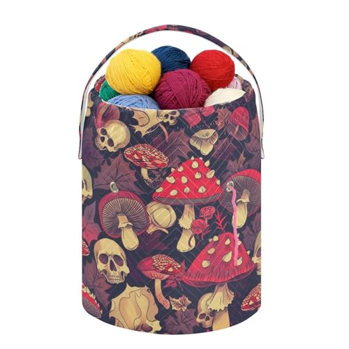 Fustylead Red Amanita Mushrooms Fall Leaves and Skulls Crochet Drawstring Organizer, Large Yarn Bag Storage Tote Basket for Crocheting On The Go, Kit Holder, Gift for Knitter, Crochet Beginner - color: Blue09 Mushrooms and Skulls