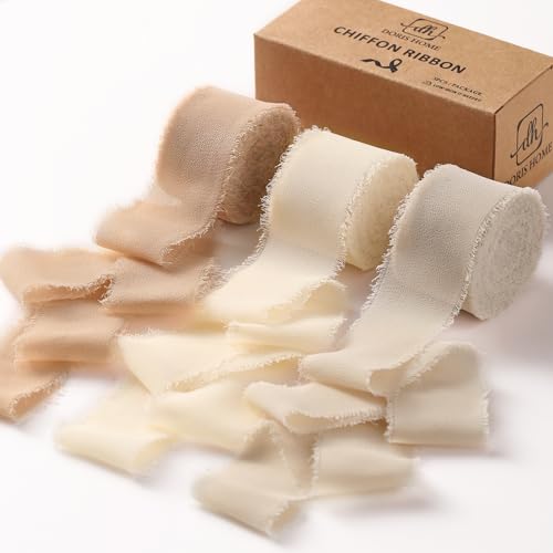 DORIS HOME Handmade Frayed Fringe Chiffon Ribbon 1" x 21Yd Nude & Ivory | Fabric Ribbon, For Flower Bouquet/Gift Wrapping/Wedding Invitations/Party Decorations - color: Nude and Ivory