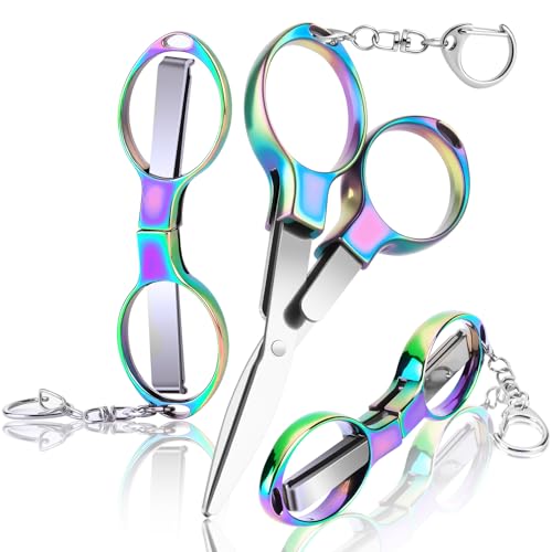 3 Pcs Folding Stainless Steel Mini Badge Scissors with 3 Keychains | Safety Foldable Pocket Travel Small Scissors All Purpose for Nurse Accessories, Travel, Office, Craft, Sewing, Home (Color) - color: Color