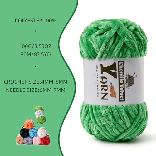 Chenille Crochet Christmas Green Yarn 3 Pack | Fluffy Velvet Yarn Blanket Knitting Yarn for Crocheting Soft Baby Yarn - color: 3 Christmas Green
