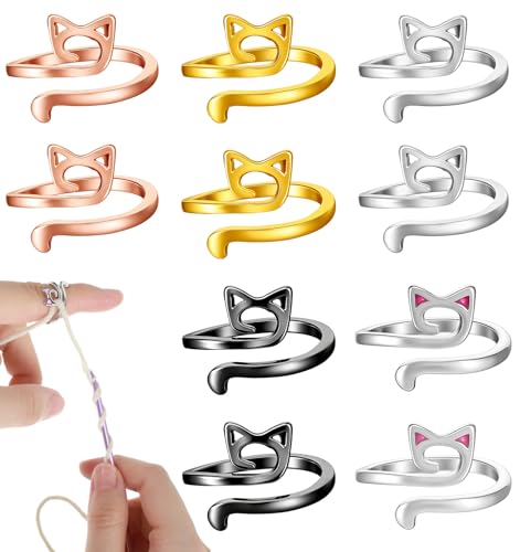 10Pcs Crochet Rings for Tension, 4 Colors Adjustable Yarn Tension Ring Cat Ear Design for Precise Control (Black/Gold/Silver/Rose Gold)