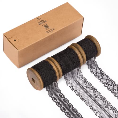 Vitalizart Blace Lace Ribbon Sewing Fabric 3 Rolls Floral Lace Trim 15 Yds | Wooden Spool Fabric Ribbons For Crafts Gift Wrapping Wedding Flower Bouquet Bridal Shower Baby Shower Birthday Hair Bows - color: Black