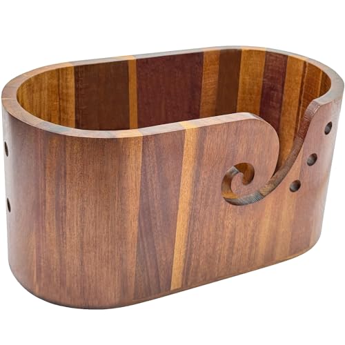 Large Yarn Bowl for Crocheting (11.8'' x 6.1'' x 5.9'') | Acacia Wooden Yarn Bowl Oval Knitting Yarn Bowl Swirl Design-yarn holder bowl Gift for Knitters & Crocheters