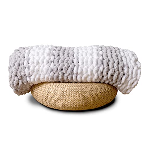 Chunky Knit Blanket Throw | 100% Hand Knit with Jumbo Chenille Yarn (50"x60", Gray and White Stripes) - color: Gray and White Stripes, size: 50"x60"