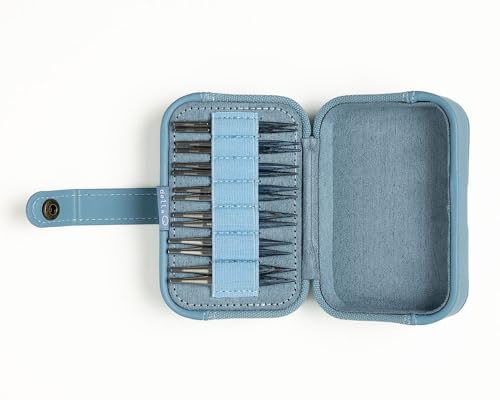Knit Picks x DellaQ Short Interchangeable Knitting Needles Set with Case | 7 sizes of blue 2.75 inch long knitting needles, US 4-10, includes Dusty Blue Canvas and Faux Leather Buddy case - color: Dusty Blue and Short Blue Needles