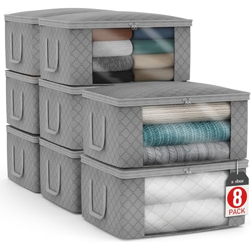 Sorbus Medium Clothes Storage Bags - Foldable Blanket Storage Bins for Organizing Bedroom, Closet, Clothing, Comforter, Organization with Clear Window, Lids and Carry Handles - Set of 8 - color: Gray, size: 8 Pack Large