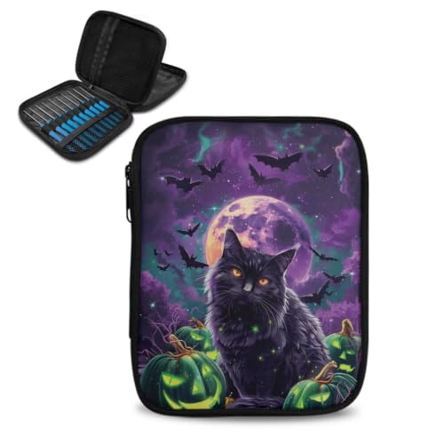 Vanideaoty Black Cat Crochet Hook Case Halloween Crochet Hook Organizer | Portable, without Accessories, Knitting Needle Case for Knitting Supplies Halloween Decoration - color: Black Cat Moon