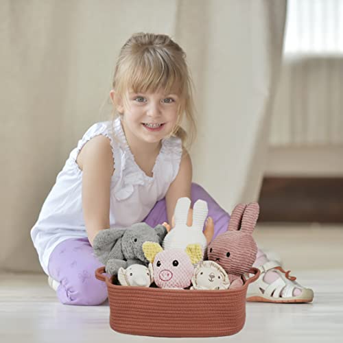 XUANGUO Medium Woven Cotton Rope Storage Basket with Handles, Rust | Small decorative rectangle storage bin for baby nursery items and cat toys; ideal as an empty gift basket or dog toy basket - color: rust