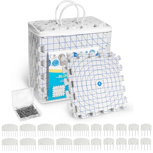 9 Packs Blocking Mats for Knitting with 20 Blocking Comb Pins,100 T-Pins | Extra Thick Knitting Blocking Mats with Grid Radial Lines,Crochet Blocking Board for Needlepoint or Crochet with Storage Bag - color: White Inch with Circle