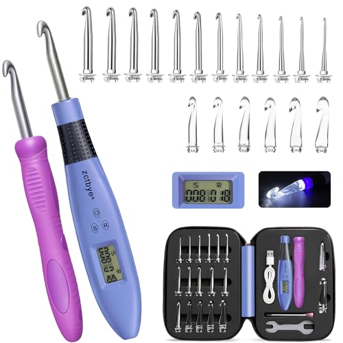 BZVV Light Up Crochet Hook Set Everything Crochet Counter 22 Different Size | Digital stitch counting, lighted ergonomic dual handles, reinforced connection and complete everything crochet tools. - color: blue-22 Sizes