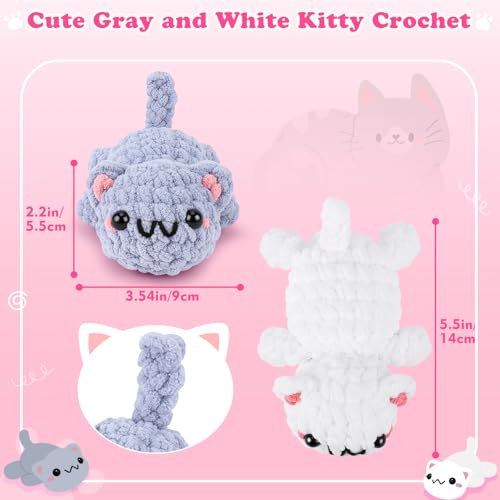 2PCS Kitty Crochet Kit for Beginners Cats Crochet Starter Kit for Adults | Crochet Kit with Step-by-Step Video Tutorials, Learn to Crochet, Beginner Crocheting Kit Easy Peasy Yarn Gifts for Birthday - color: Gray White Cat