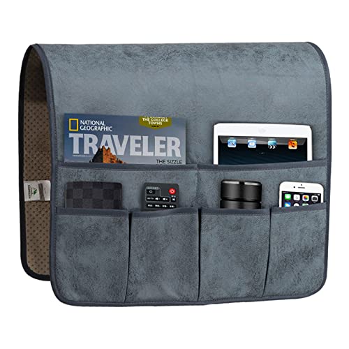 HAOMAIJIA Sofa Armrest Organizer, Remote Control Holder for Recliner Couch | Anti Slip Arm Chair Bedside Caddy Storage Organizer With 6 Pockets For Cell Phone Tv Remote Control Magazines (grey blue) - color: grey blue, size: 35 Inches × 19.3 Inches