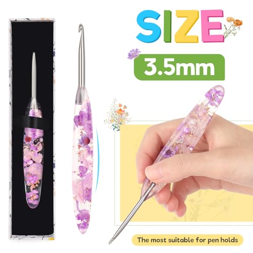 Katech 3.5mm Crochet Hook for Arthritic Hands,Hand-Polished Stainless Steel | Ergonomic Crochet Hooks with Customized Sparkle Dried Floral Grip, Smooth Tapered Hook-Crochet Gift for Beginner & Crocheter - size: 3.5mm
