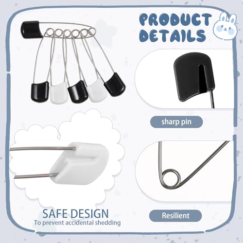 WILLBOND 100 Pcs Large Safety Pins for Clothes,with Bag, Black and White | Plastic Head with Locking Closures, Heavy Duty Nappy Pins Hooks, 2.2 Inch Fasteners, Stainless Steel, Velvet Bag - color: Black and White