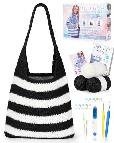 Katech Crochet Kit for Beginners w/Striped Tote Bag 3-1 Crochet Book Black | Crochet Starter Kits for Adults Includes Yarn Crochets Hooks Accessories Knitting Kit Crafts for Adults Holiday Gift - color: Black White